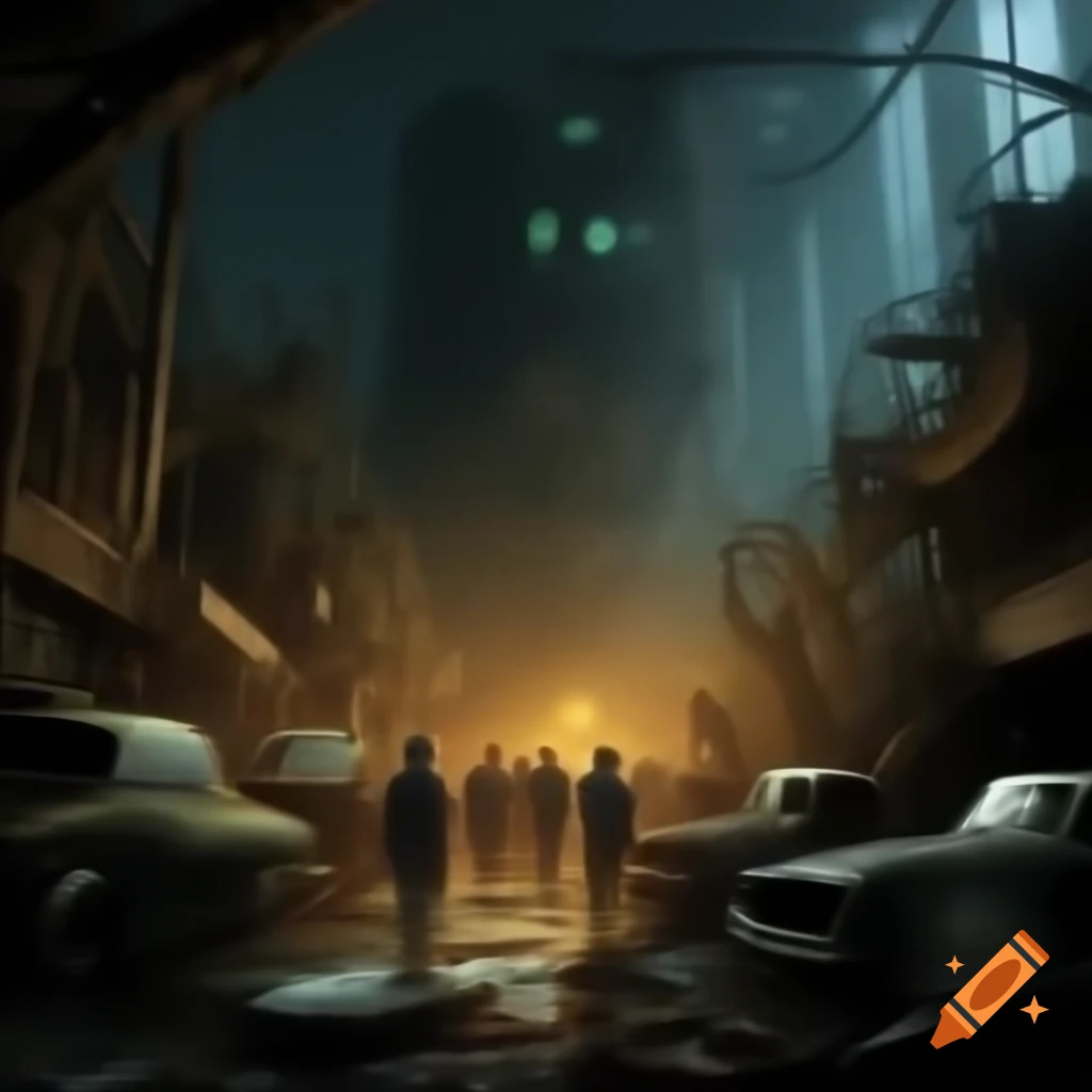 Ethereal apparitions in a haunted junkyard under a dark night sky