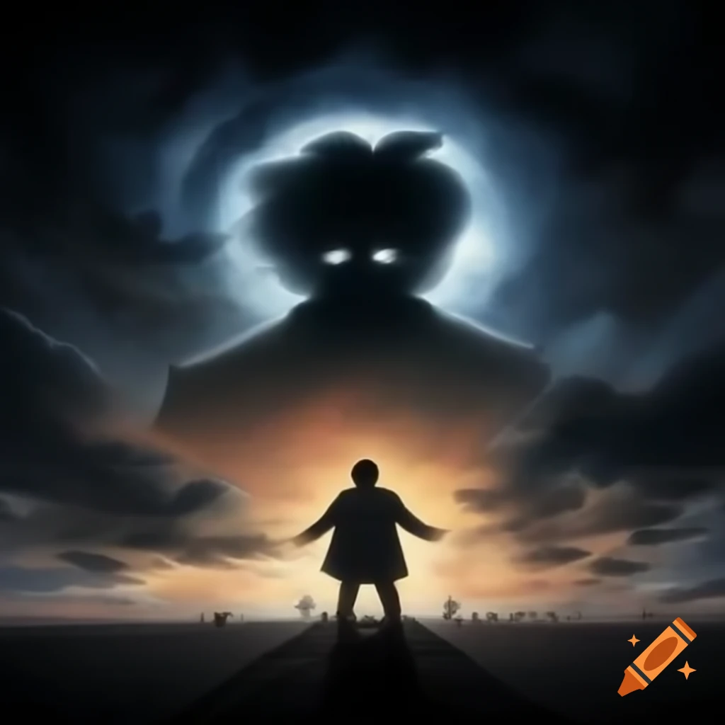 Silhouette of The Weeknd looking upward with a spectral figure, creating a mystical atmosphere