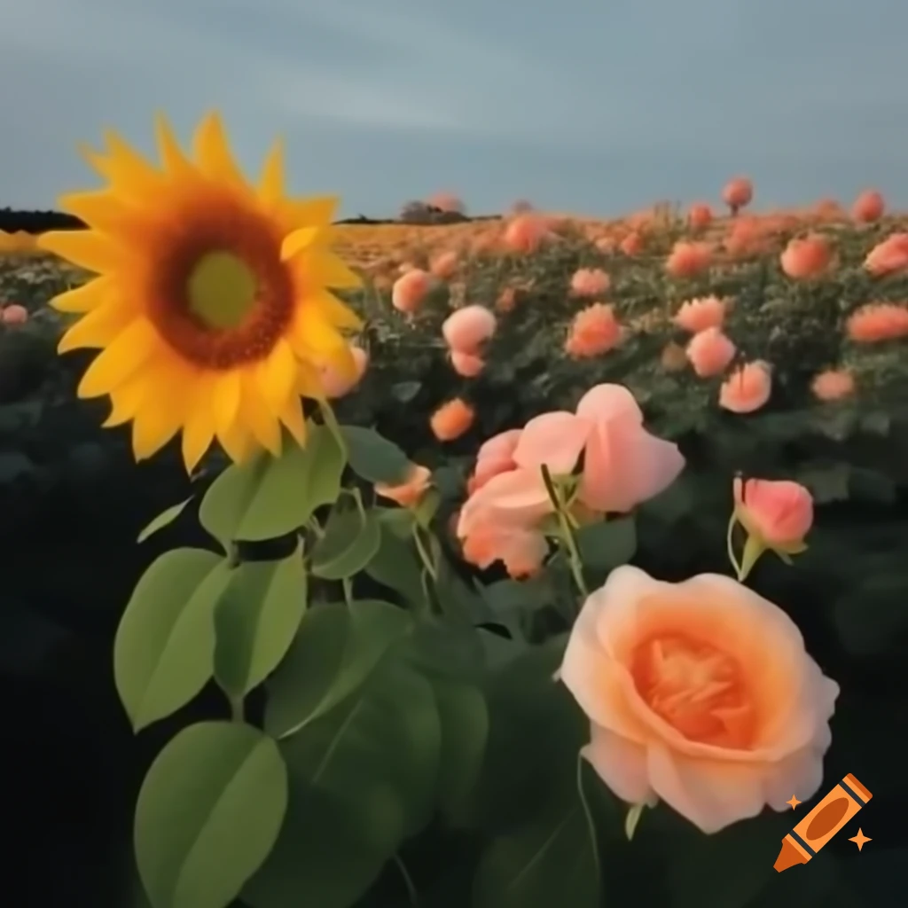 Field of roses with a single sunflower