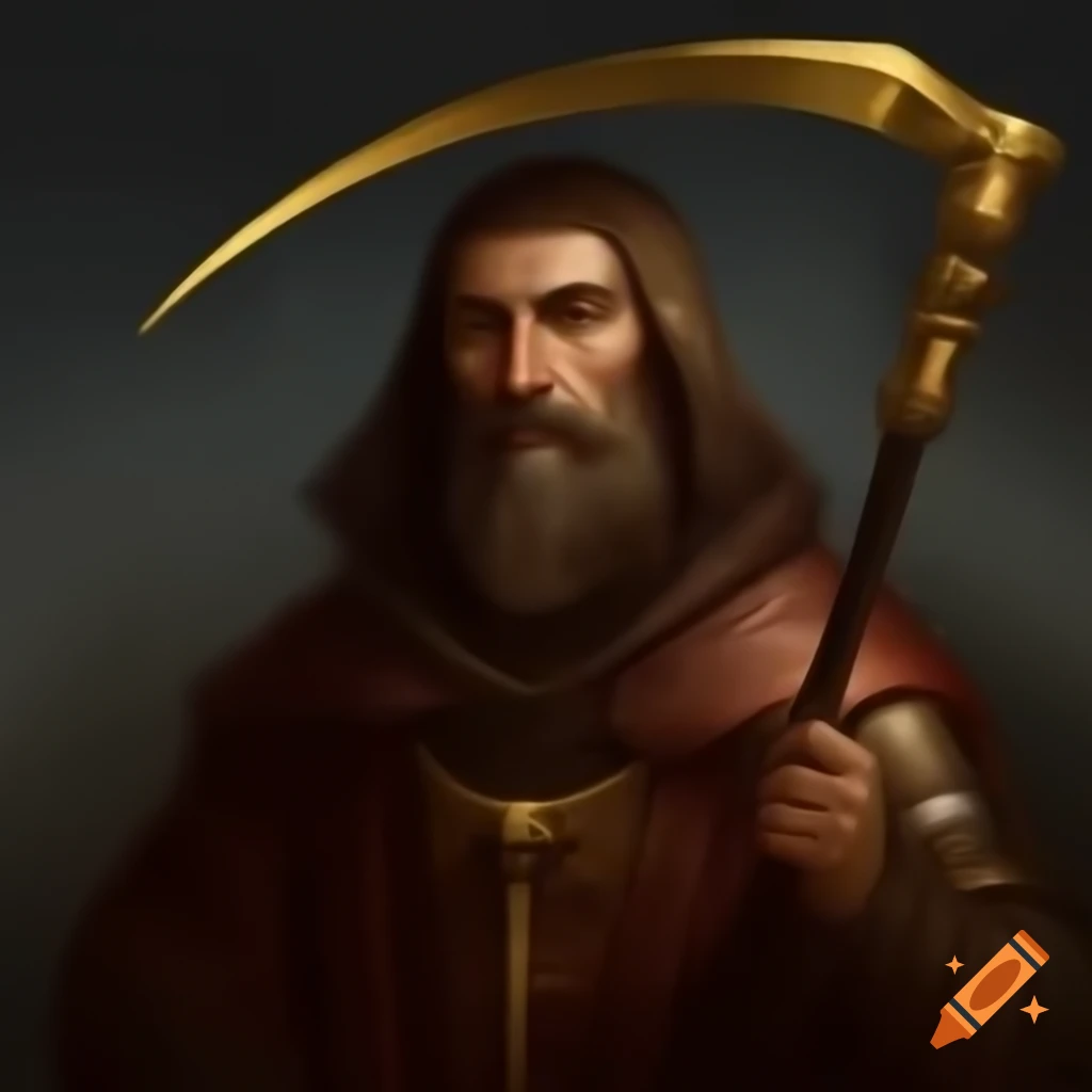 Medieval manuscript portrait of an alchemist cultist with a brass