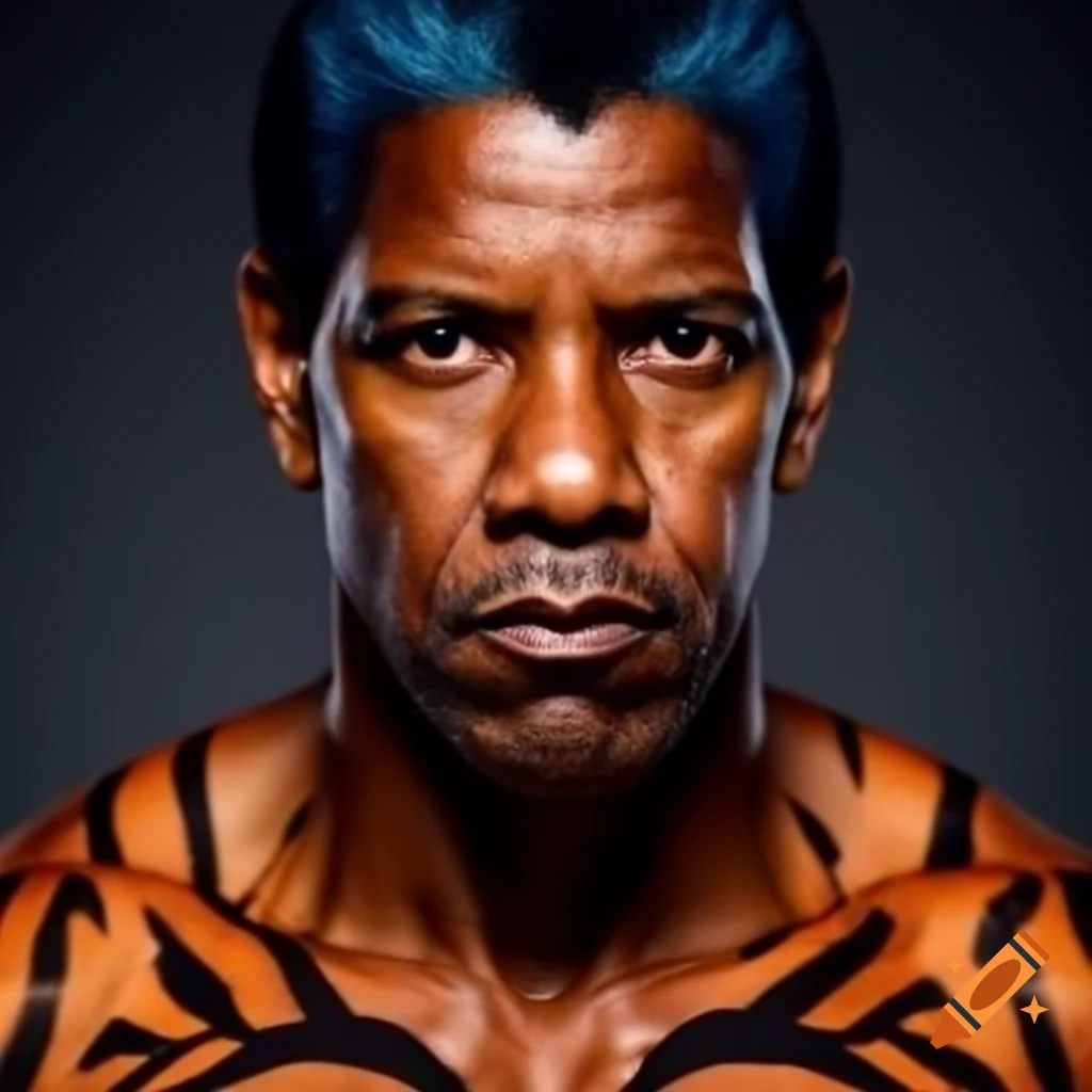 Muscular figure resembling Denzel Washington with tiger-style makeup, blue hair, and orange skin