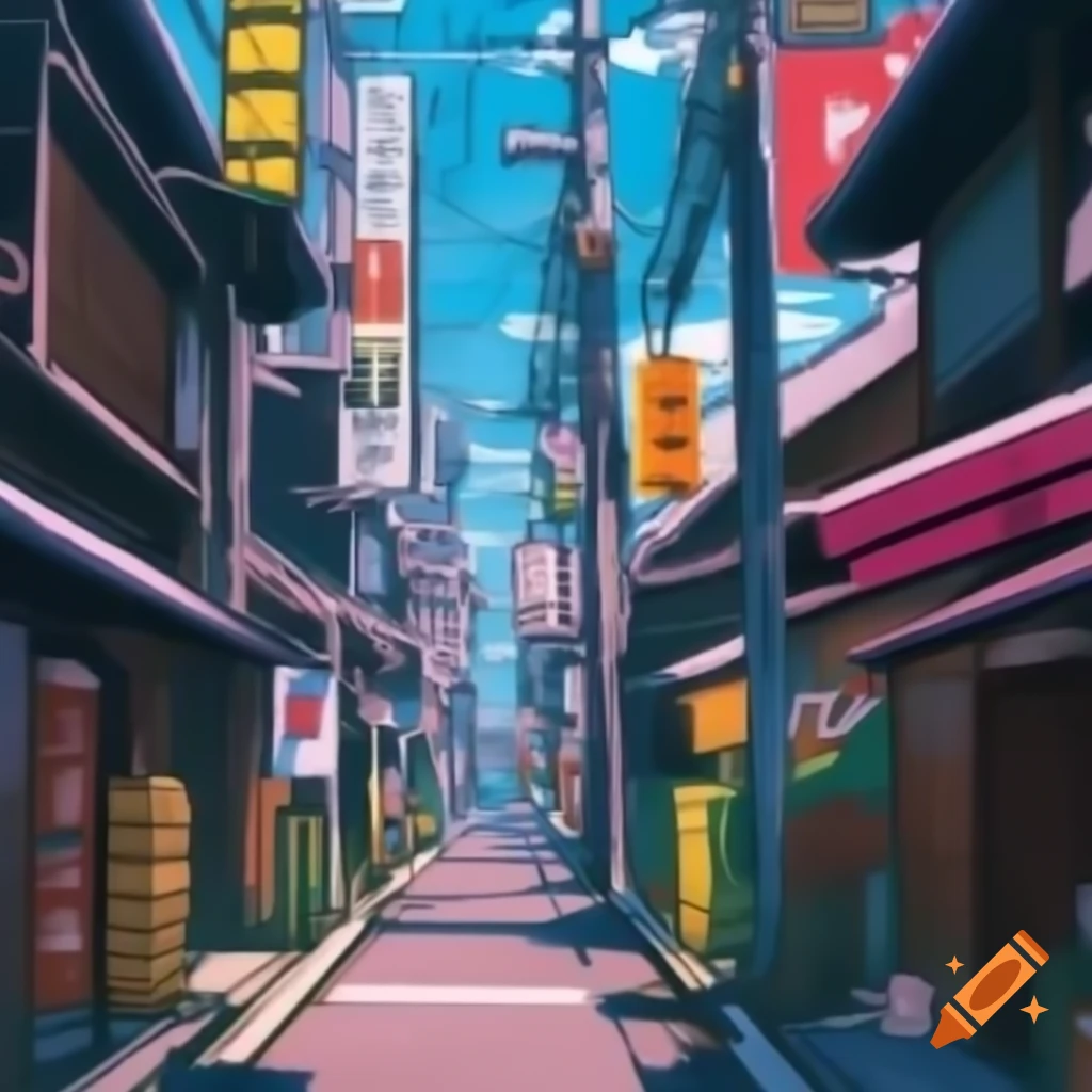Tokyo alleyways in HD anime style with purple colors