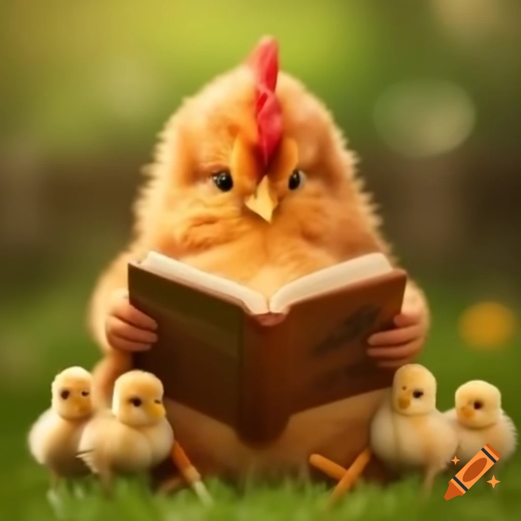 Chicken reading story to chicks