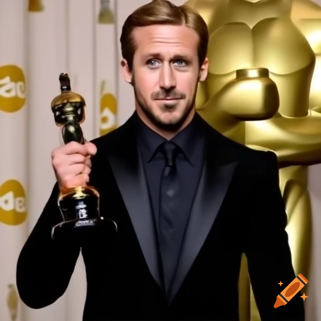 Ryan Gosling holding an Oscar award
