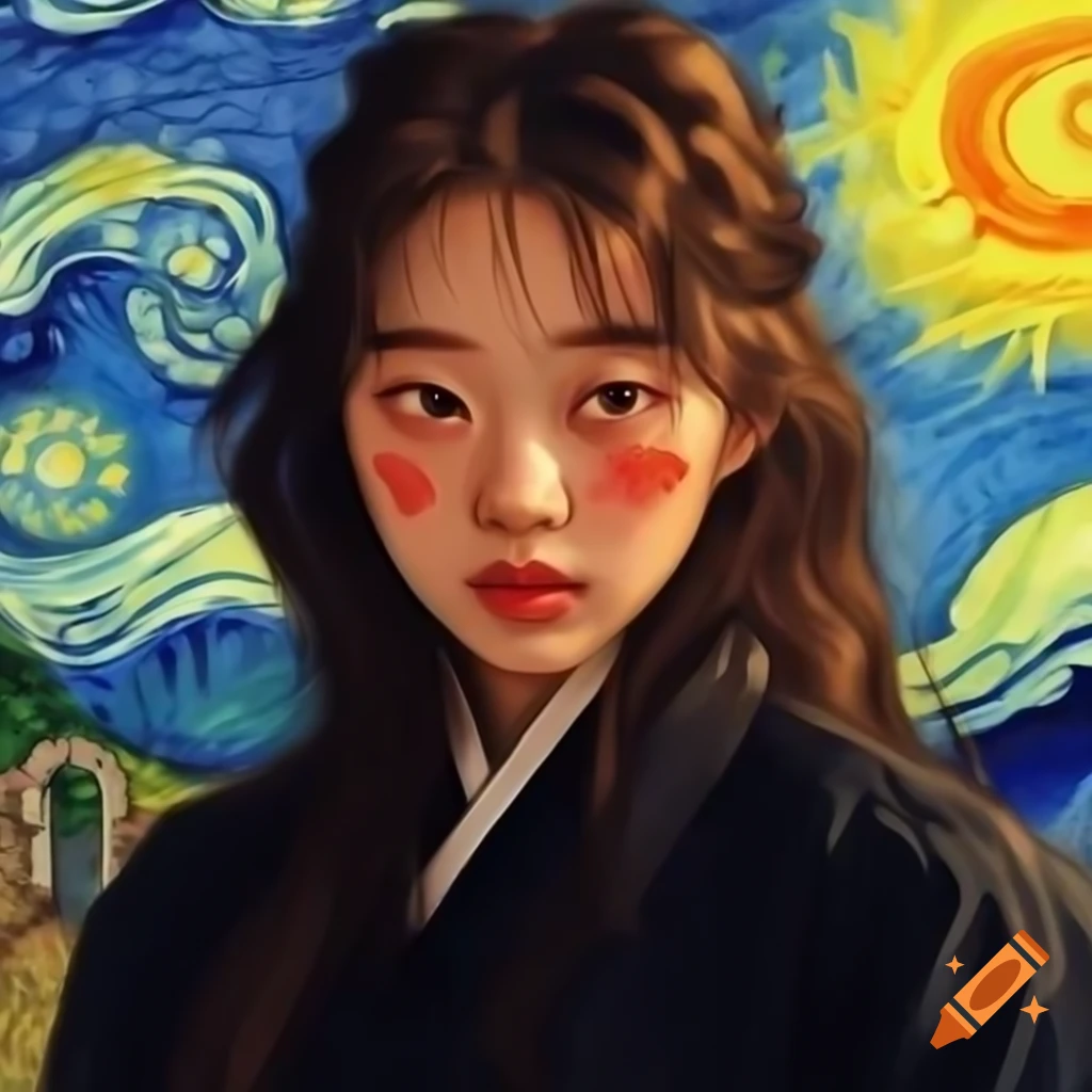 Stunning portrait of Korean woman in black, animated style inspired by Van Gogh and Rembrandt