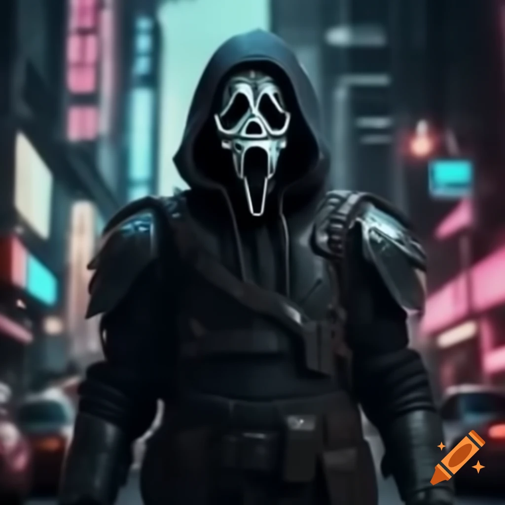 GhostFace neon armor in a vibrant cyberpunk city