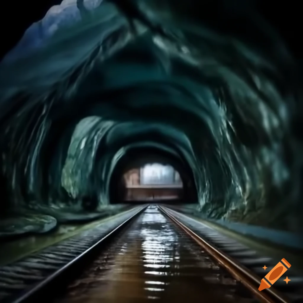 Wet and damp cave interior featuring rails and a concert hall