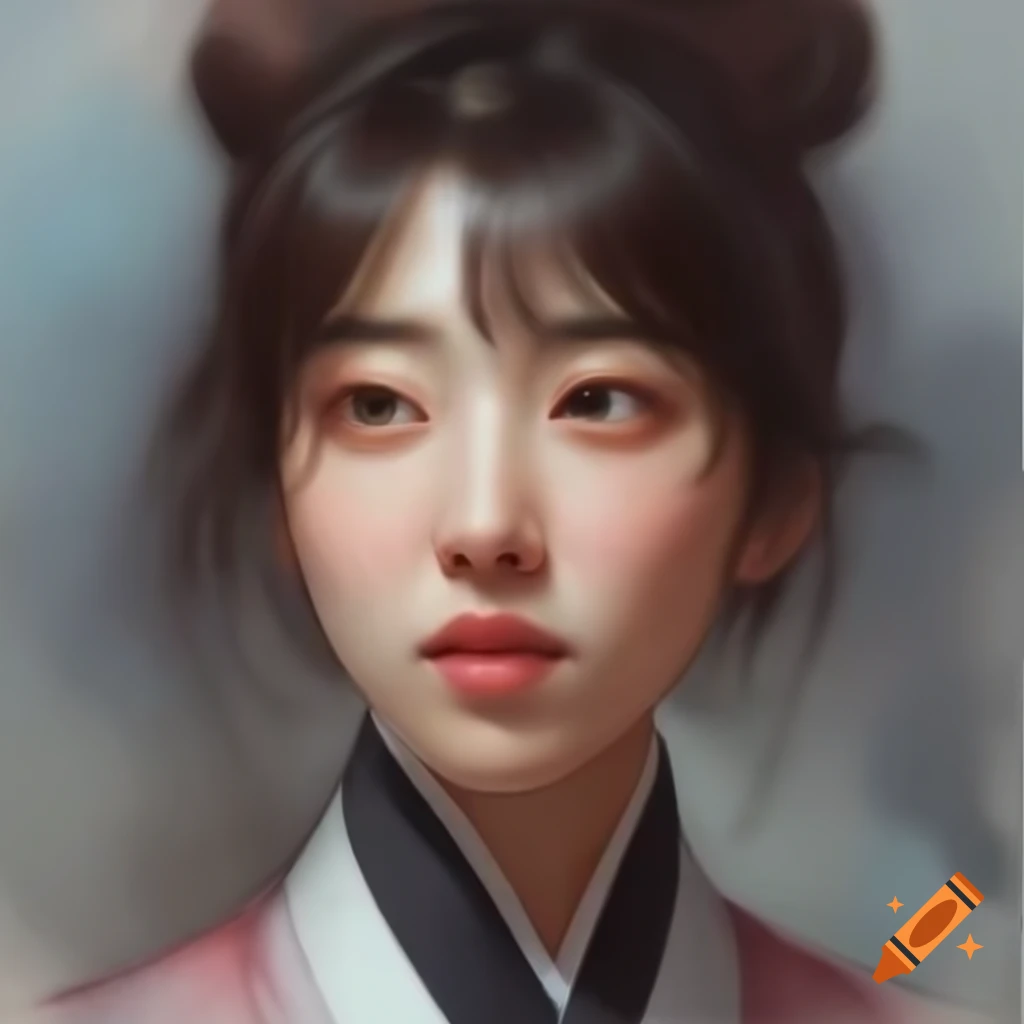 Detailed digital watercolor portrait of a charming Korean woman in Rembrandt style