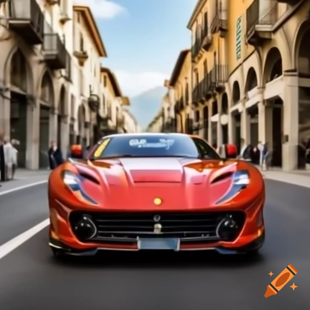 Ferrari 812 Superfast driving through picturesque Italian streets