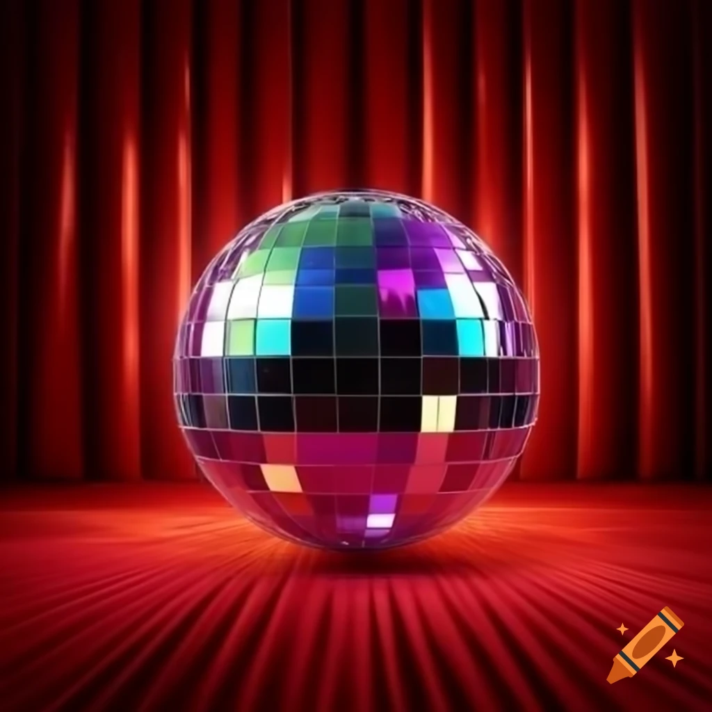 Disco ball reflecting rainbow lights on red stage background