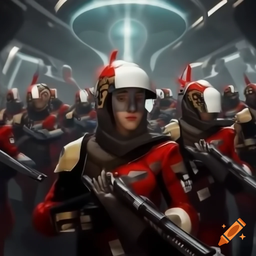 Futuristic Chancellery Guards of Gallifrey in red and white uniforms charging multi-dimensionally