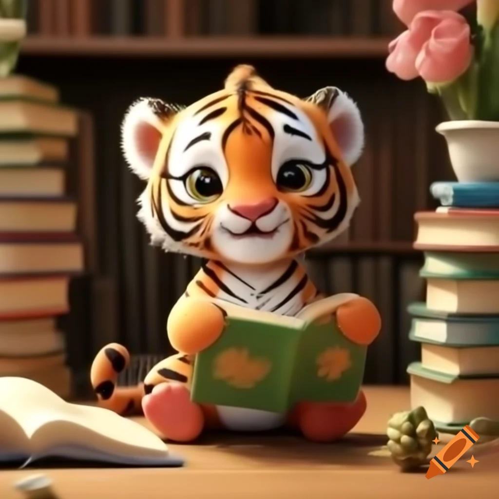 Baby tiger among books and flowers