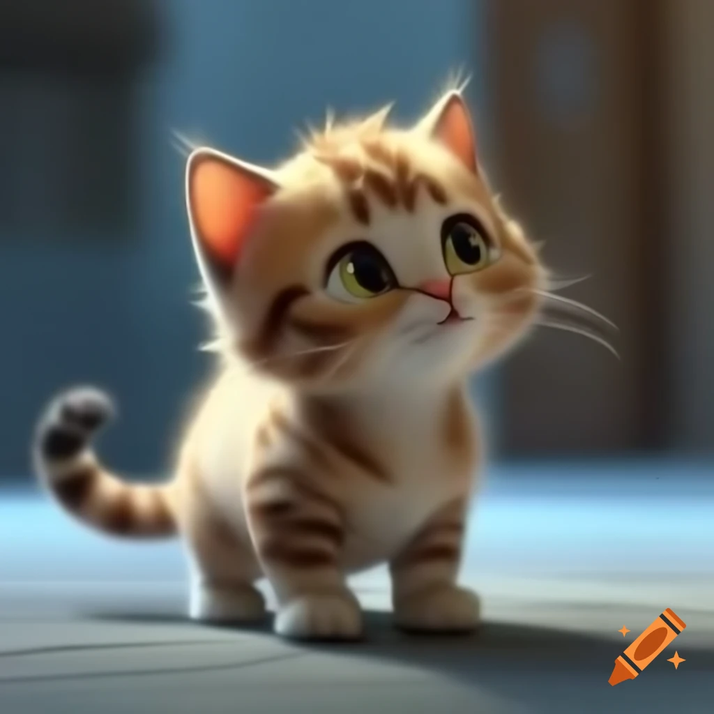 Fluffy kitten standing in 3D cartoon style