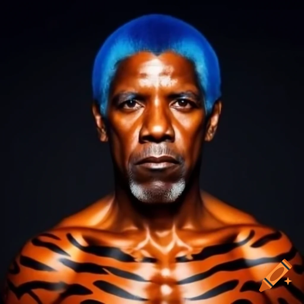 Muscular man with tiger-style makeup, featuring blue hair and orange skin