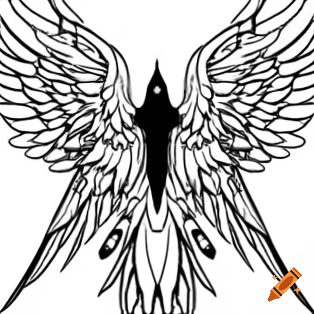 Symmetrical drawing of Ophanim with wings in black ink for coloring