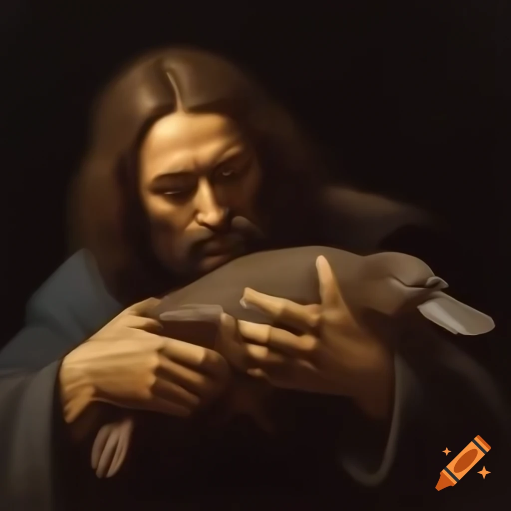 Man holding a platypus in 1800s oil painting style, attributed to Leonardo Da Vinci