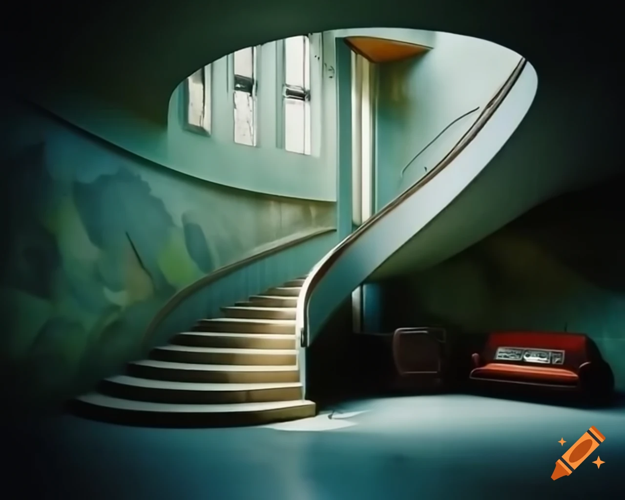 Surreal winding staircase inspired by Escher at sundown