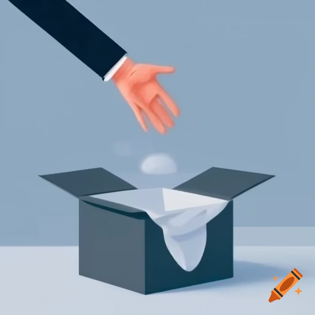 Schematic illustration of human hand reaching into a covered geometric box