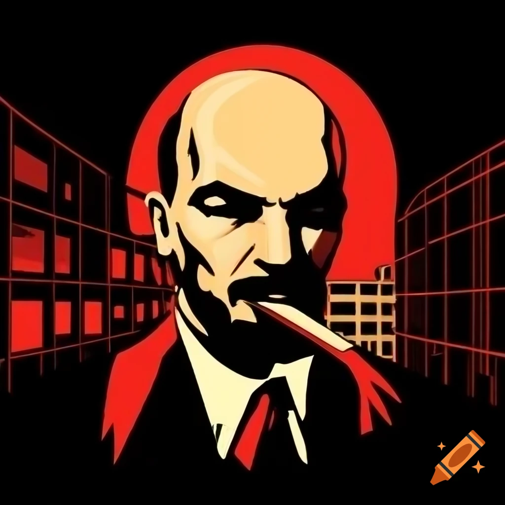 Constructivist avant-garde art featuring Lenin with building in background