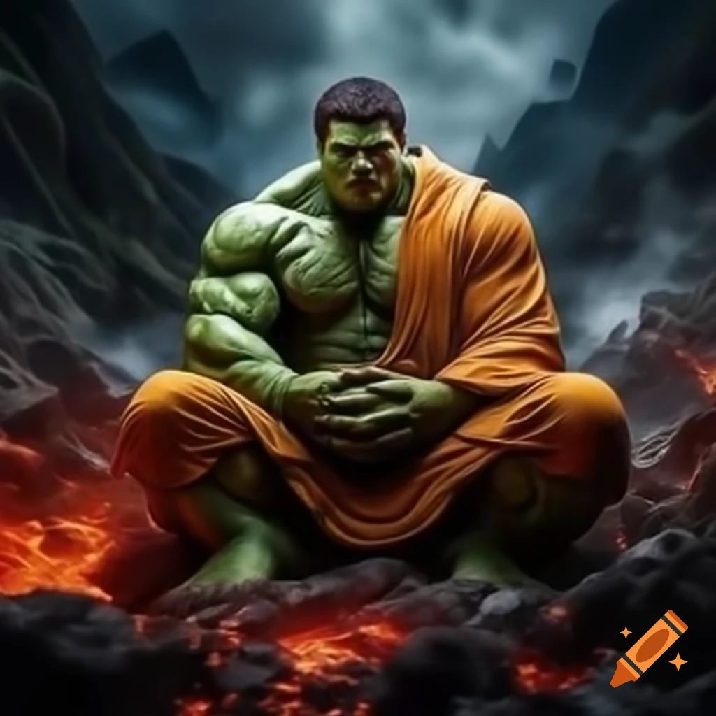 Muscular Hulk character in meditation pose on volcanic mountain with lava