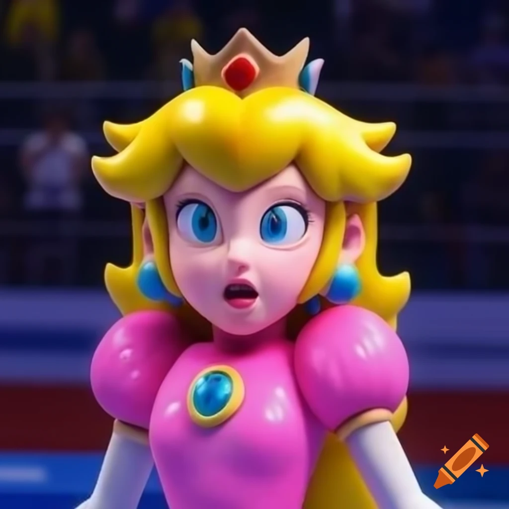 Princess Peach blushing in sequined leotard during gymnastics, showing emotion after dismount