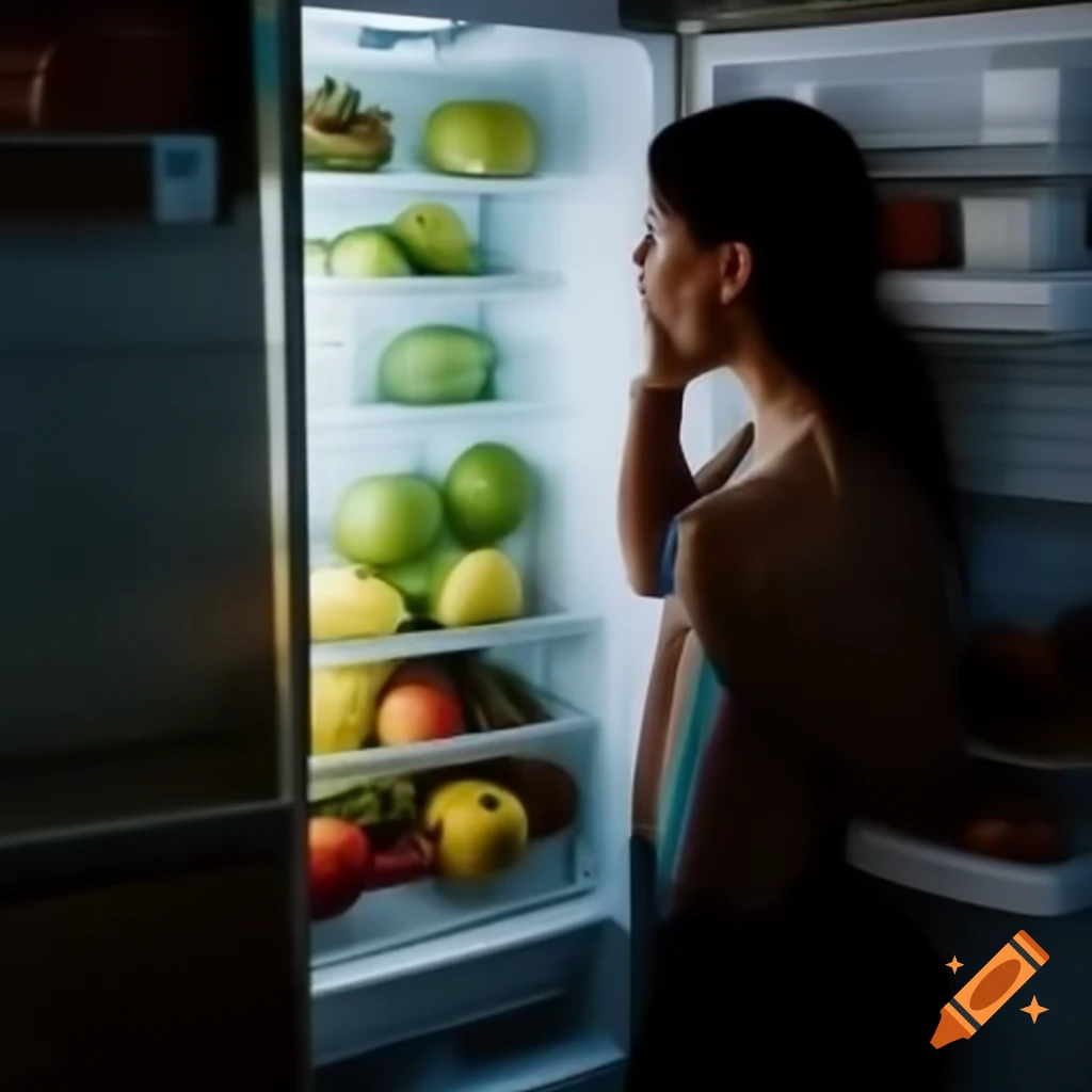 Woman shocked in front of fridge with text overlay about fruits