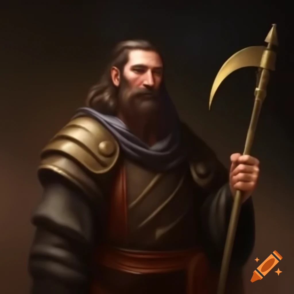 Portrait of Alfred Molina as medieval alchemist holding brass sickle