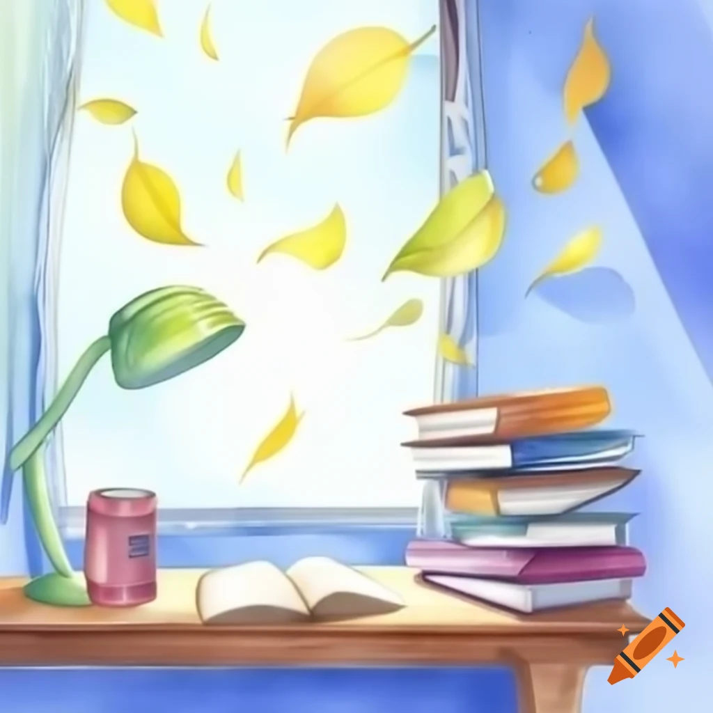 Desk with open book and stack of books, view of falling leaves through window