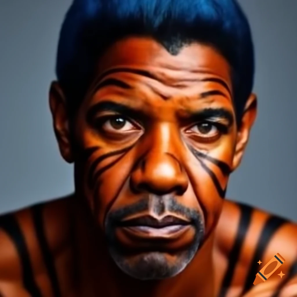 Muscular man with tiger-style makeup, blue hair and orange skin