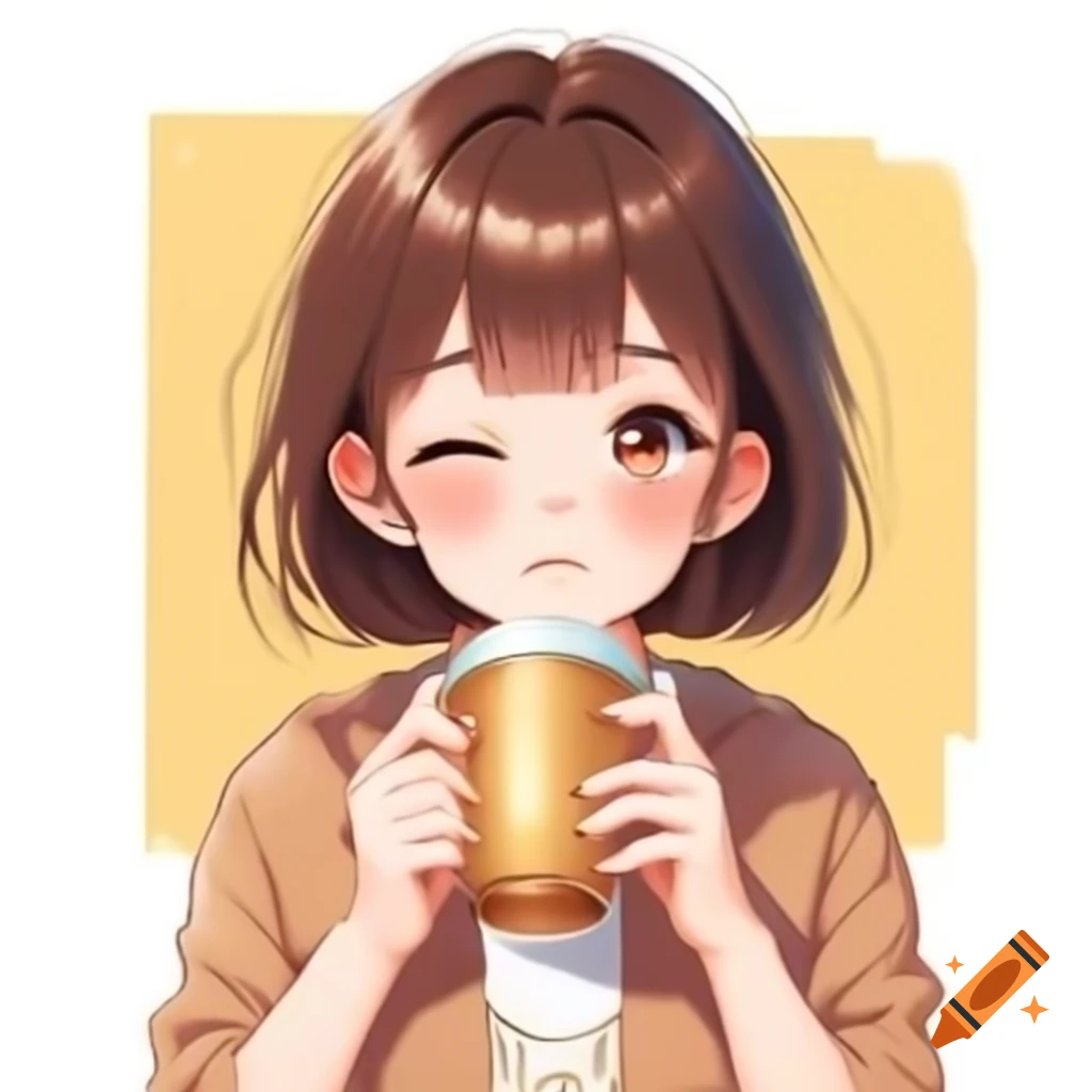 Anime girls enjoying brown tea with short brown hair