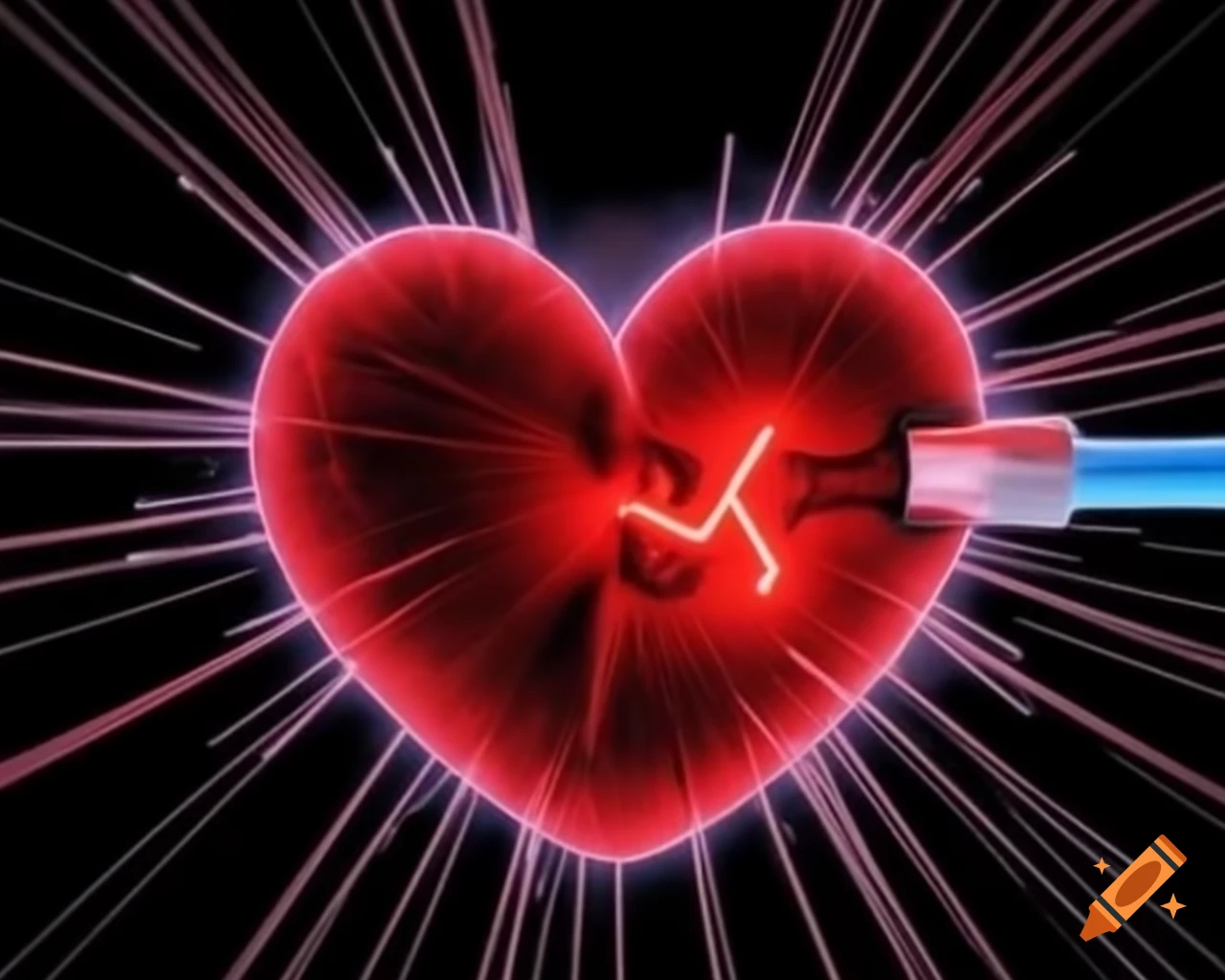 Red electric cable shaped like heart with pulsing electrical currents