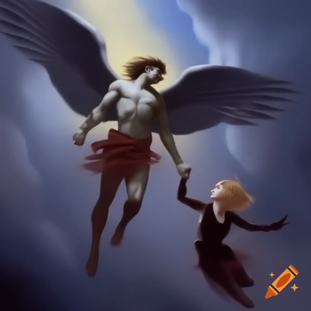 Gothic painting of Icarus with dual heads flying in the sky