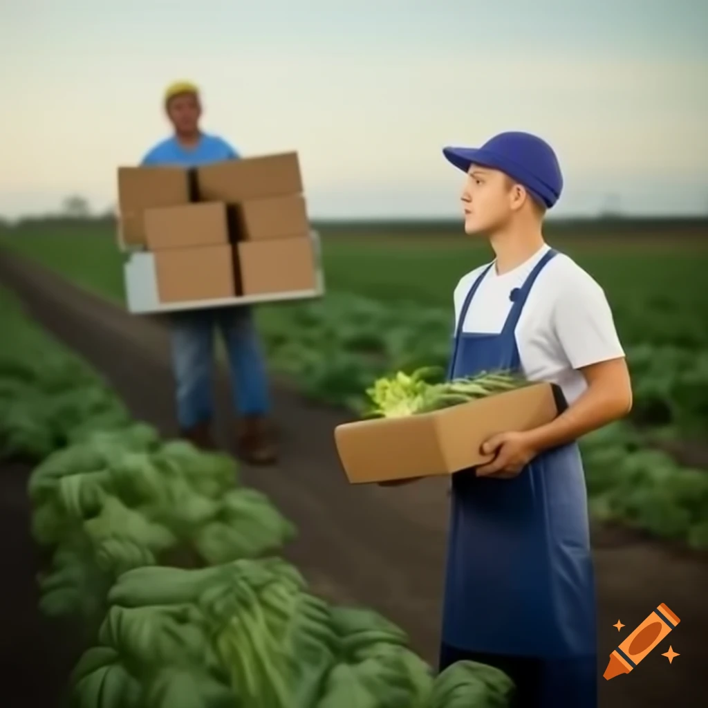 Farmer delivering vegetables with delivery boy serving customers