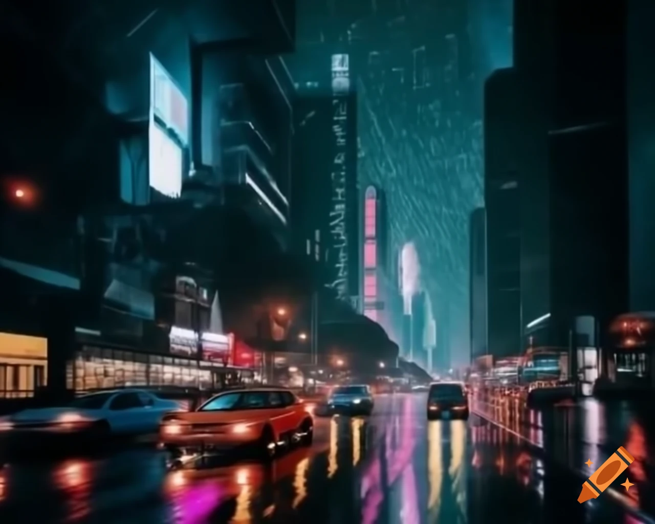 Cinematic night cityscape with neon lights and towering skyscrapers