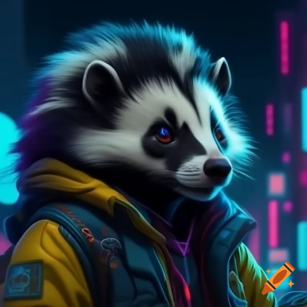 Realistic skunk in futuristic jacket with LEDs in neon dystopian city