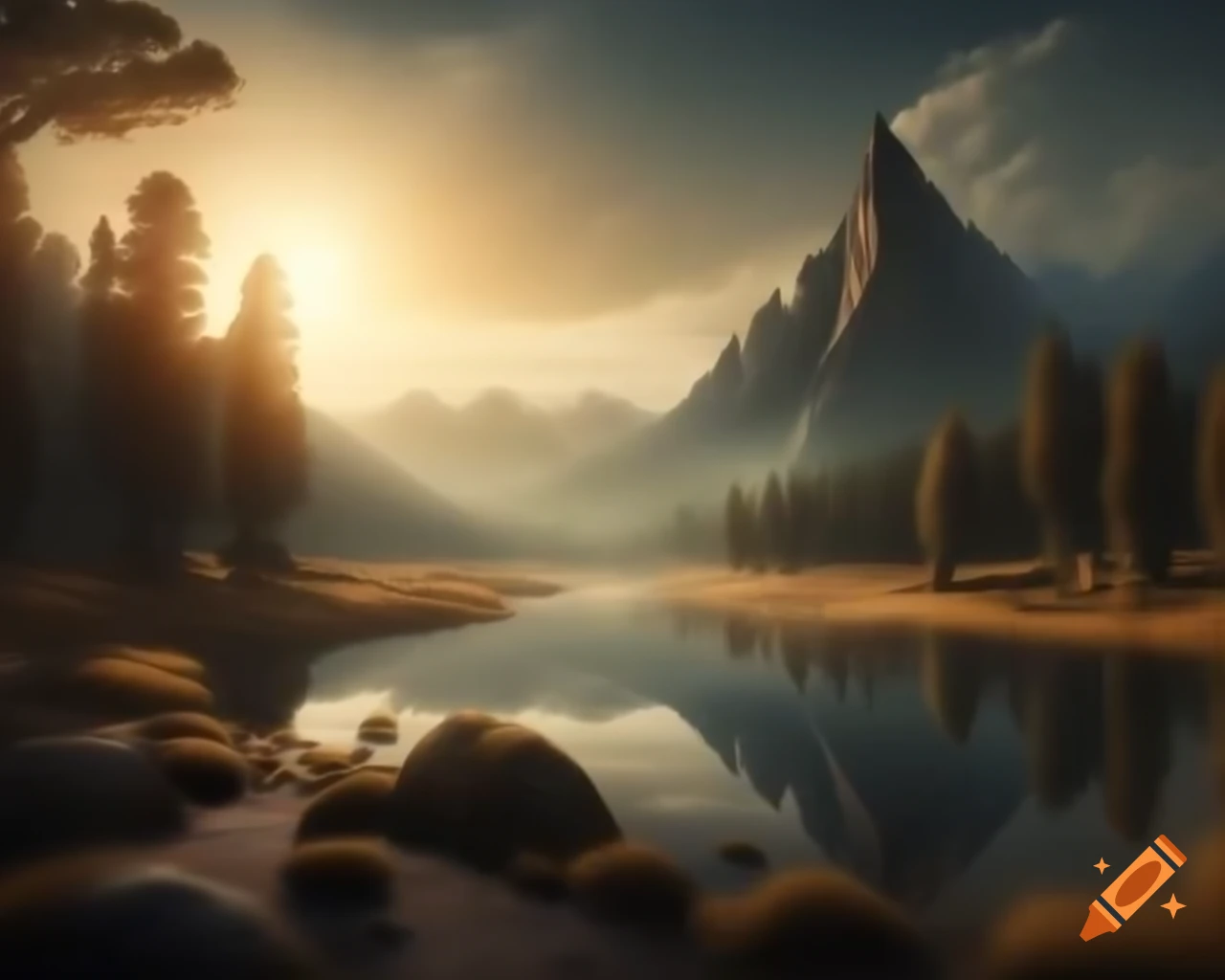 Breathtaking mountain range with rivers flowing down, ancient landscape