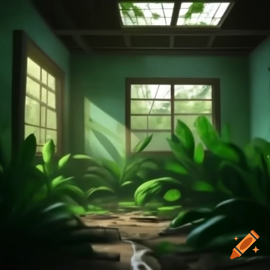 Untidy jungle room filled with large green plants