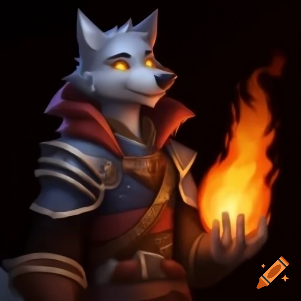 Anthropomorphic wolf mage holding a fireball