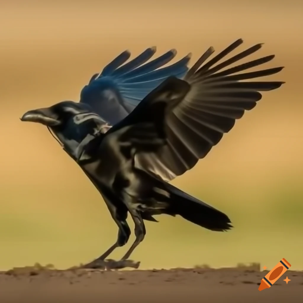 Black crow landing on ground with open wings under bright sun