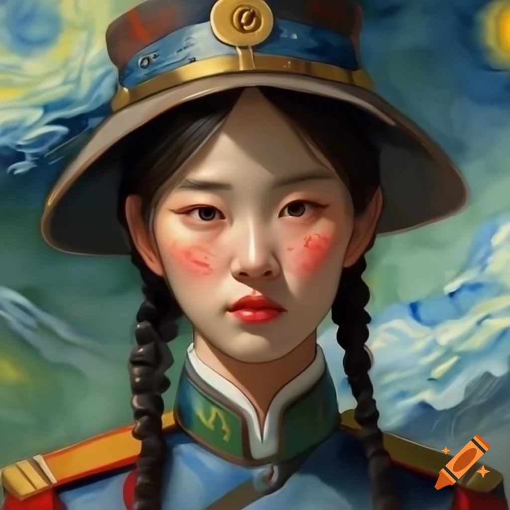 Portrait of Korean woman in Chinese military uniform, animated Van Gogh watercolor style