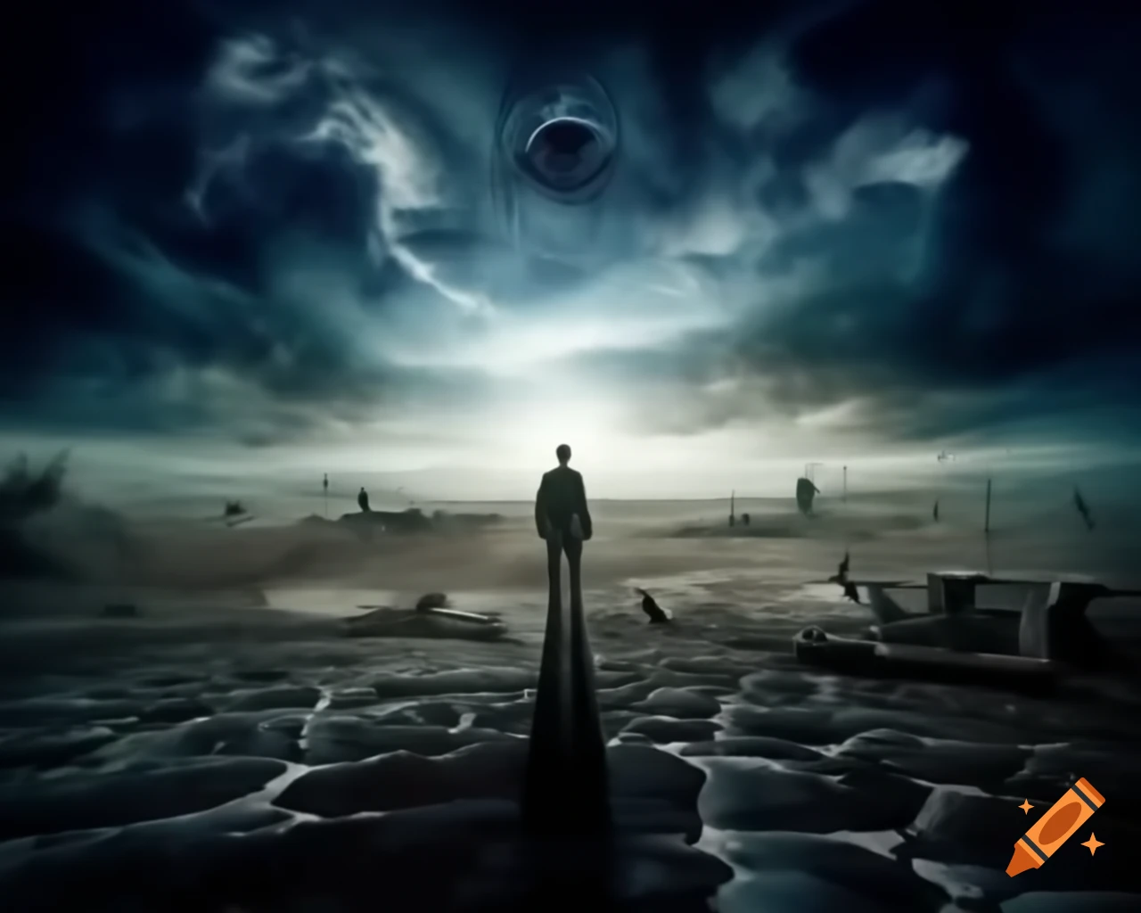 Post-apocalyptic landscape with dark skies, barren earth, and people gazing at radiant star
