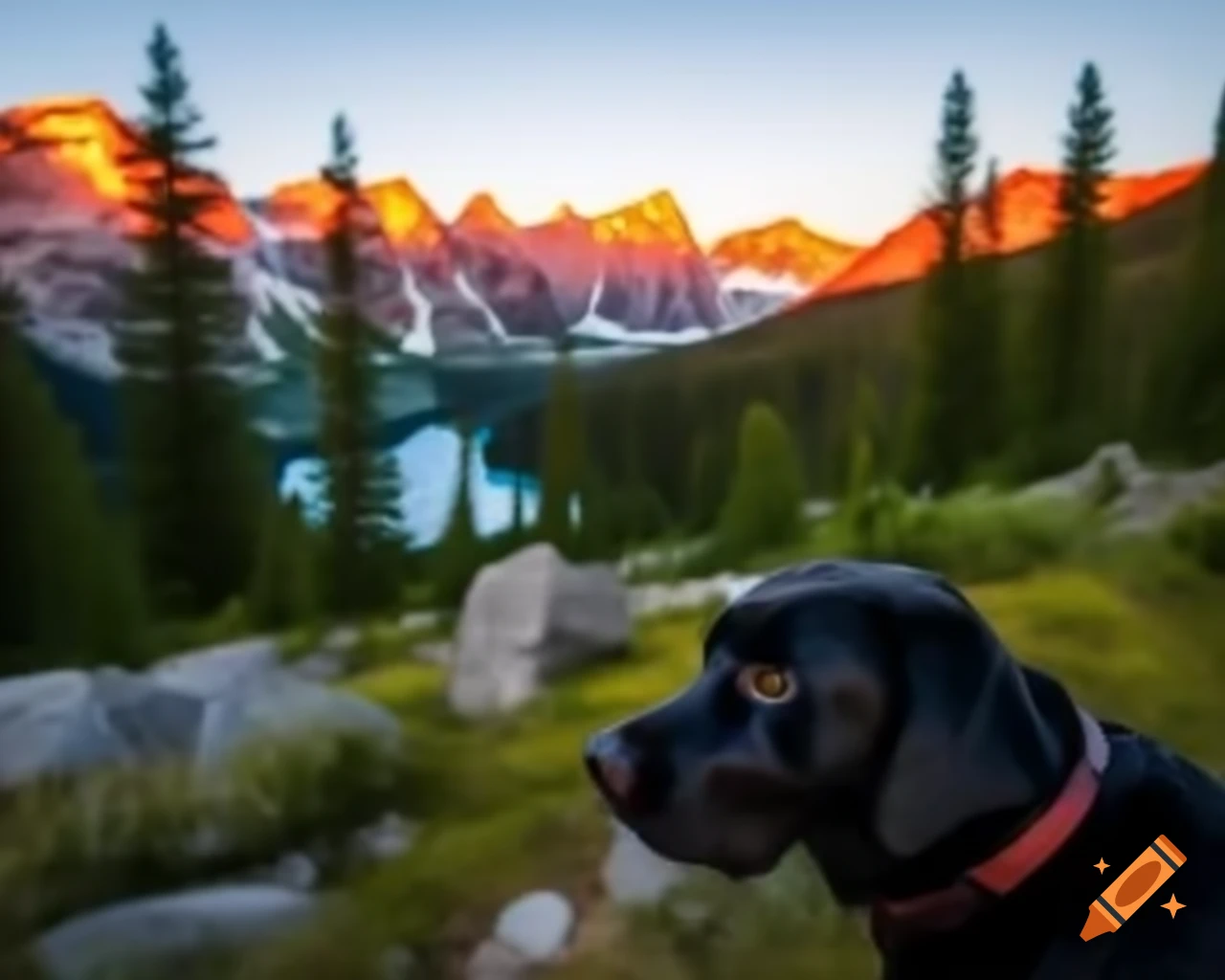 Black Labrador Retriever by lake in mountains with birds and trees, realistic nature photography