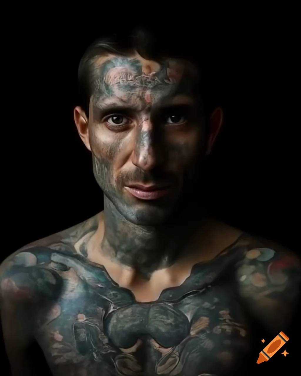 Portrait of a man with tattoos in a passport-style photo, subtle hint of tattoo hobby