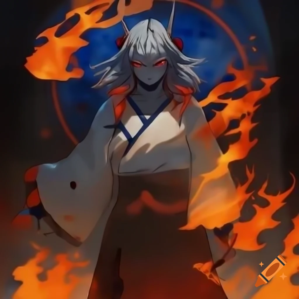 Anime human demon hybrid with flames in historical style using blue, orange, and earth colors