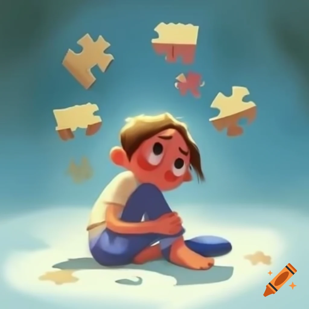 Cartoon child sitting cross-legged with floating colorful puzzle pieces