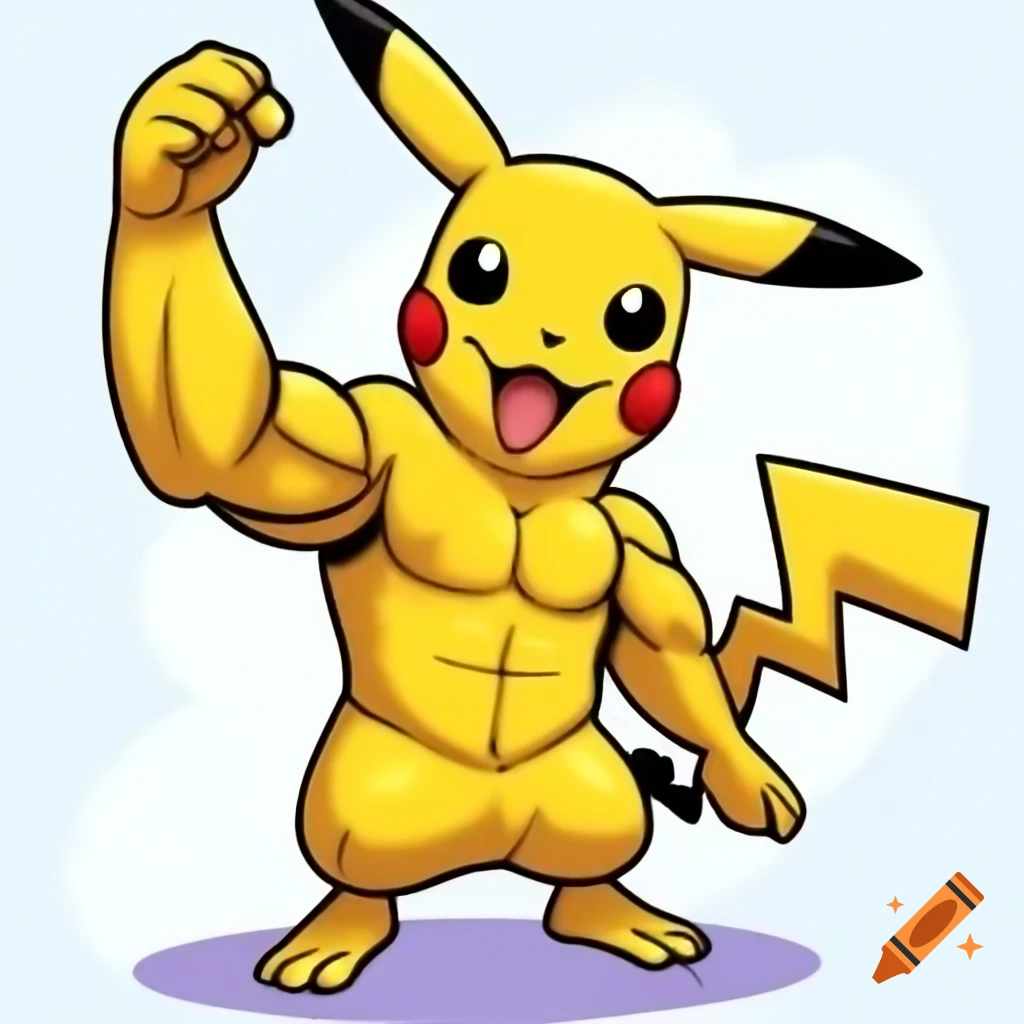Bodybuilder Pikachu flexing with muscles in furry art style