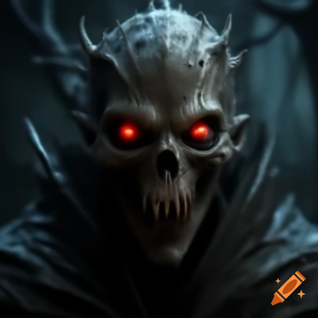 Creepy entity in darkness with glowing red eyes