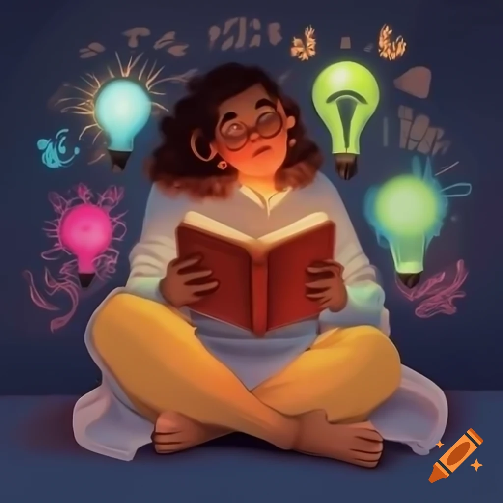 Person reading book with colorful illustrations emerging