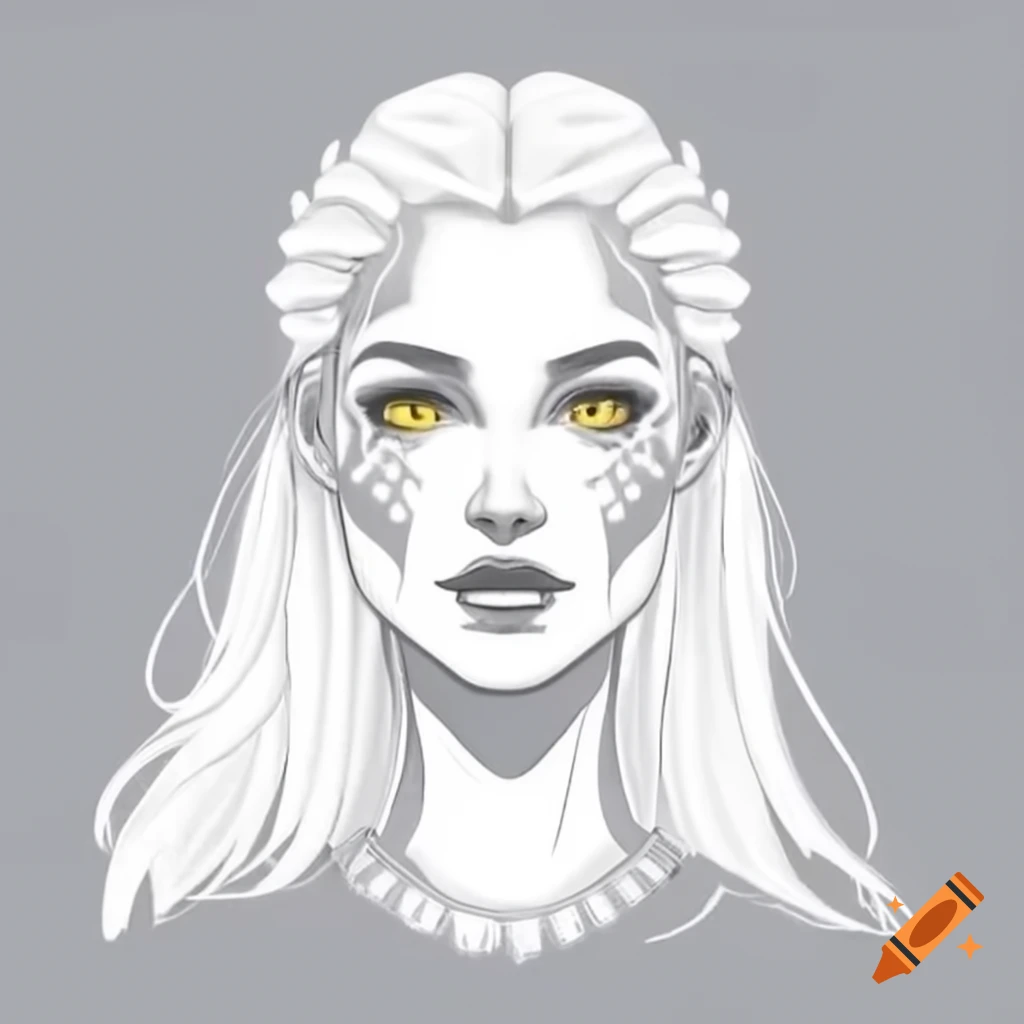 Viking woman with braided white hair and yellow eyes