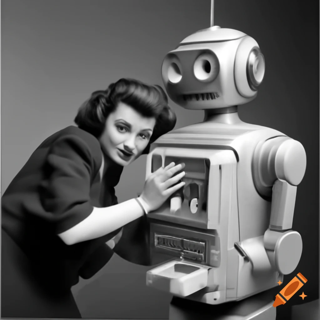1950s robot carrying woman in its arms